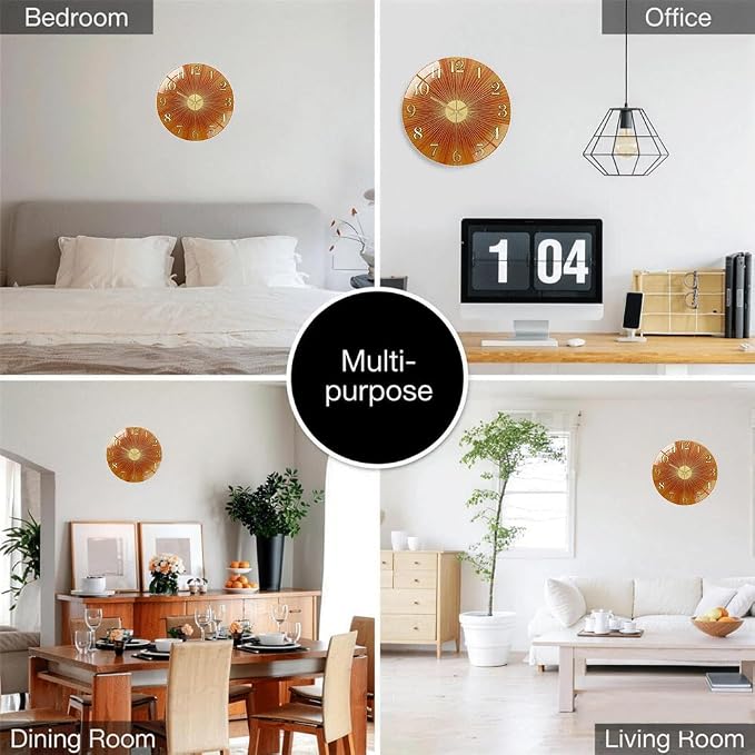 12 Inch Orange Sunburst Glass Wall Clock Silent Art Decor | Silent glossy clock with warm orange sunburst and gold numbers, accurately tracking time for your retro living room