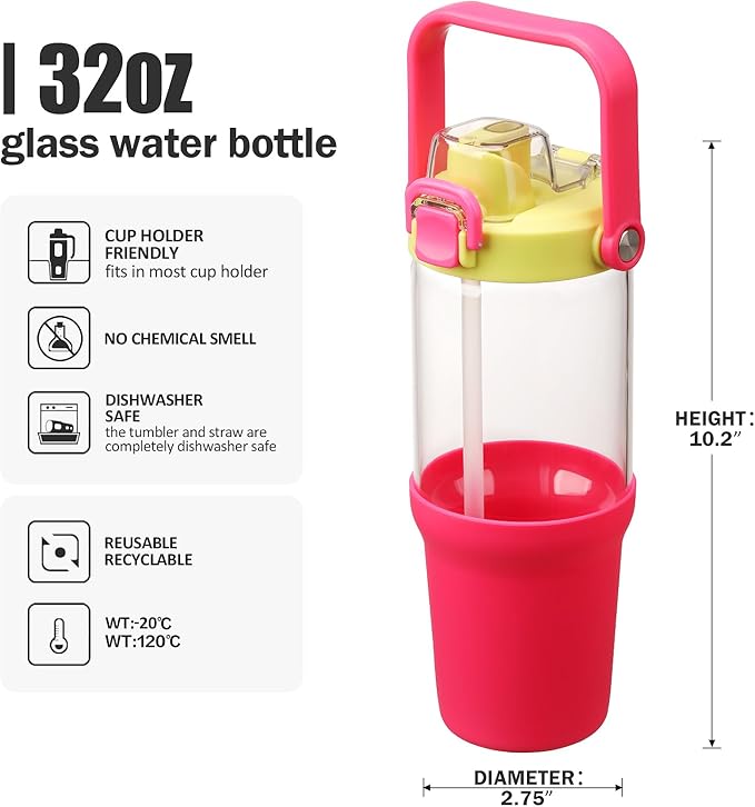 Glass Tumbler with Carry Handle, Clear Glass Water Bottle with Leakproof Lid, Spout Lid&Straw, BPA-Free, 32 oz, Bright Pink