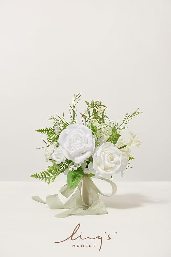 Ling's moment Lily of The Valley White Bridesmaid Bouquet, White Wedding Bouquets for Bridesmaids, 7 Inch Bridal Bouquets for Bridesmaids, Wedding, Ceremony, Anniversary, etc.