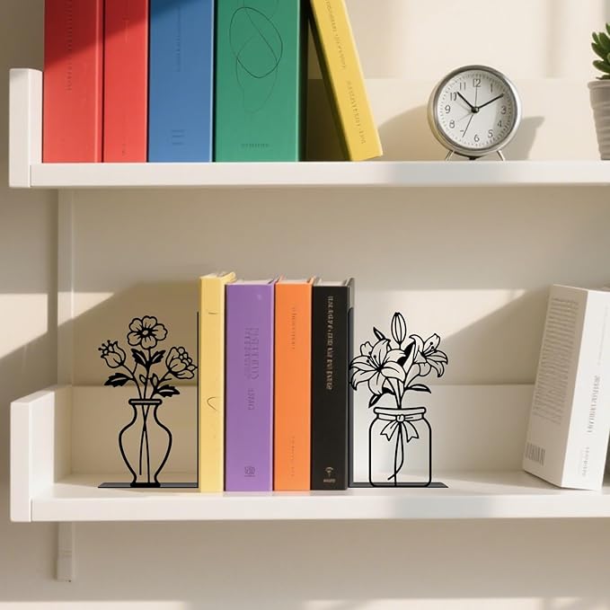 Metal Flower Book Ends Flower Vase Bookends Decorative Book Ends for Shelves Bookshelf Home Office Desk Bookshelf Decor Gift for Reading Enthusiasts