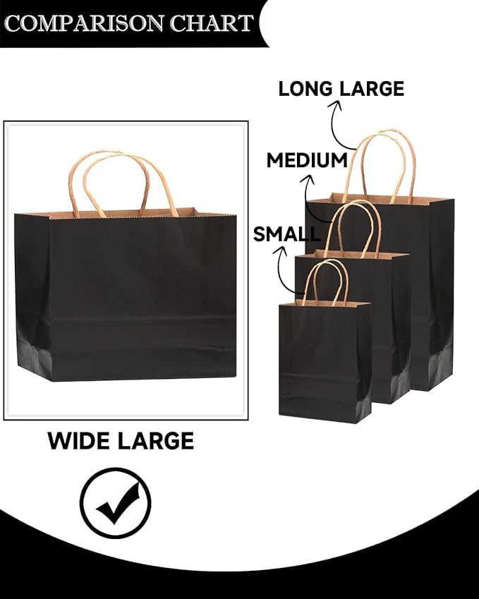 qiqee 13"x4.5"x10" Large Gift Bag with Handles Bulk 32PCS Gift Paper Bags Black Bags Multiple Uses (Wide Large)