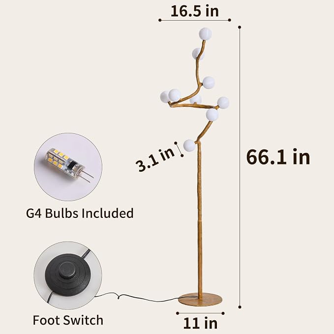 Rustic Farmhouse Tree Floor Lamp, Mid Century Modern Vintage Standing Lamp, 9-Light Moon Floor Lamp with 3D Printed Shades, Retro Branch Floor Light for Living Room Bedroom Officer(66")