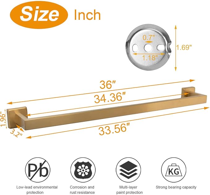 TocTen Bath Towel Rack - Square Base Thicken SUS304 Stainless Steel Towel Bar for Bathroom, Bathroom Accessories Towel Rod Heavy Duty Wall Mounted Towel Holder. (Brushed Nickel, 36)