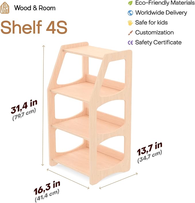 WOOD&ROOM Montessori Bookshelf for Toddlers - Toy Storage Shelf Organizer for Nursery, Playroom and Classroom - Floor Bookshelf for Kids - Small Display Rack for Books and Toys - Wooden Kids Bookcase