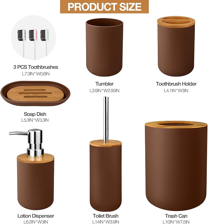 6 Pcs Bamboo and Plastic Bathroom Accessories Sets, Includes Toothbrush Cup, Toothbrush Holder, Soap Dispenser, Soap Dish, Toilet Brush with Holder, Trash Can, with 3 Pcs Toothbrushes (Brown)