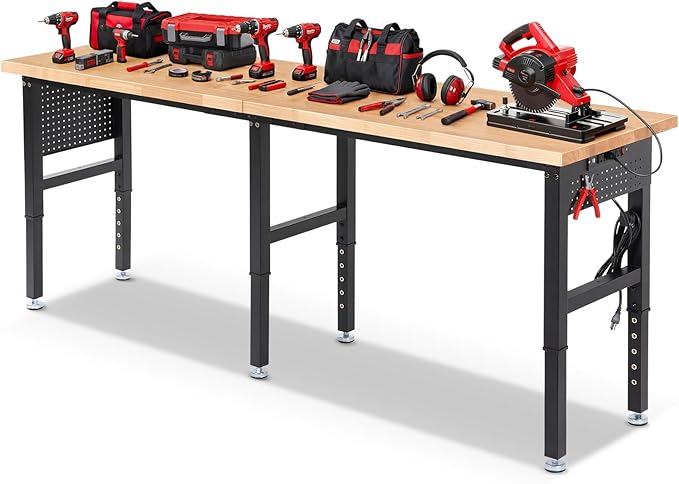 Workbench 96 x 24 Inch Adjustable Height Heavy Duty Work Table with Power Outlets & Extended Pegboard 5000 Lbs Load Capacity Rubber Wood Top Workstation for Garage, Workshop, Home, Office