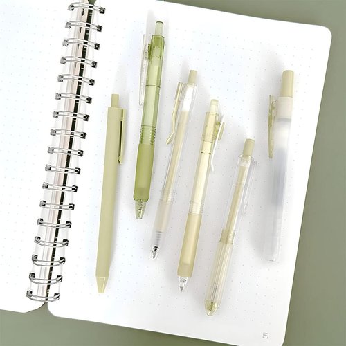 Allydrew Retractable Rollerball Pens & Highlighter Set - 0.5mm Black Gel Ink, Green (Set of 6)