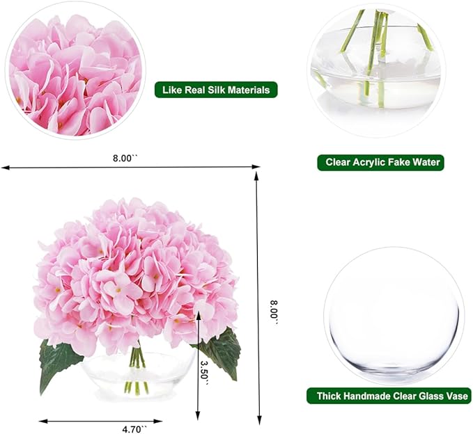 Hydrangea Artificial Flowers with Vase Blue Silk Fake Flowers Arrangements in Glass Vase with Faux Water for Home Decor Indoor (Pink)