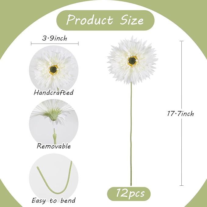 12pcs Gerbera Daisy Artificial Flowers 17.7’’ White Faux Daisies Silk Flowers with Stems for Wedding Bouquet Home Party Garden Outdoor Decoration(White)