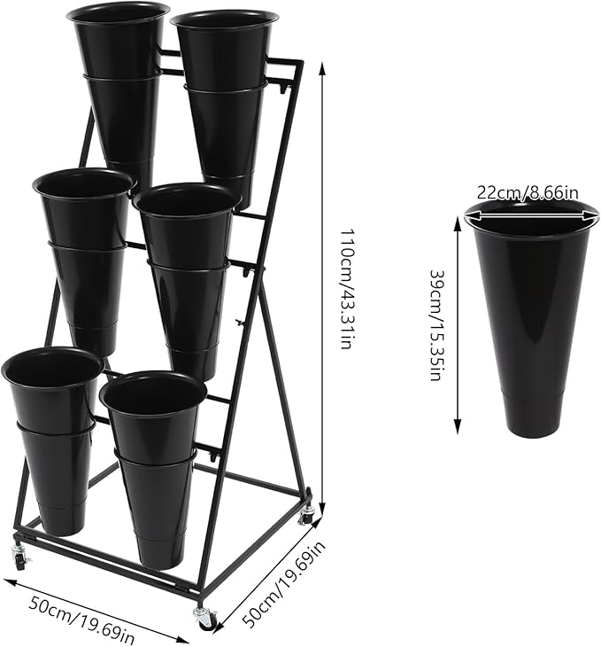 DYRABREST Flower Display Stand with Buckets, Black 3 Layers Metal Plant Stand with 6 Pieces Buckets, Moving Florist Bouquet Shelf for Fresh Flower Shop, for Patio Garden, Outdoor Flower Pop-Up Events