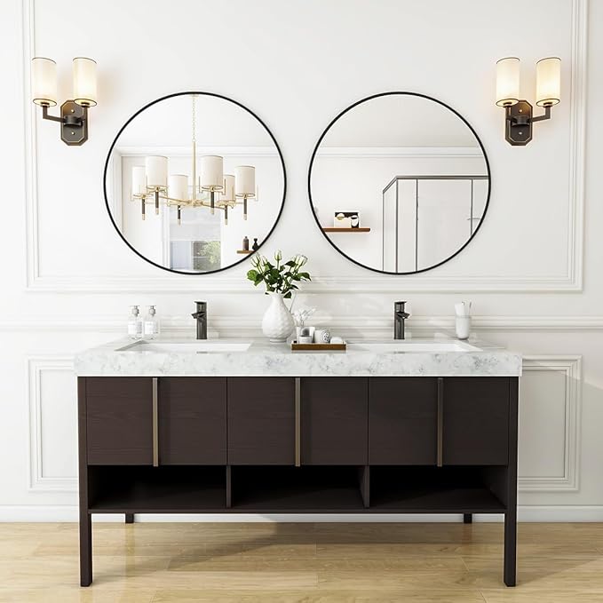 VooBang Black Round Bathroom Mirror, 24 inch Circle Wall Mounted Hanging Mirror with Simple Modern Circular Metal Frame for Hallway, Entryway, Living Room, Black Frame