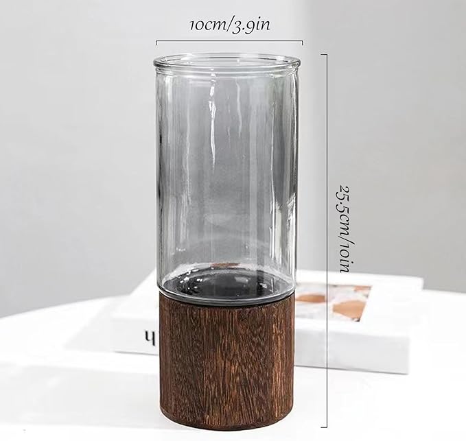Wooden Vase, Glass Vase with Wooden Base Cylindrical Flower Vase, Classic Boho Rustic Style for Fireplace Bedroom Kitchen Living Room Centerpieces Office Desk, 10" H (Glossy)