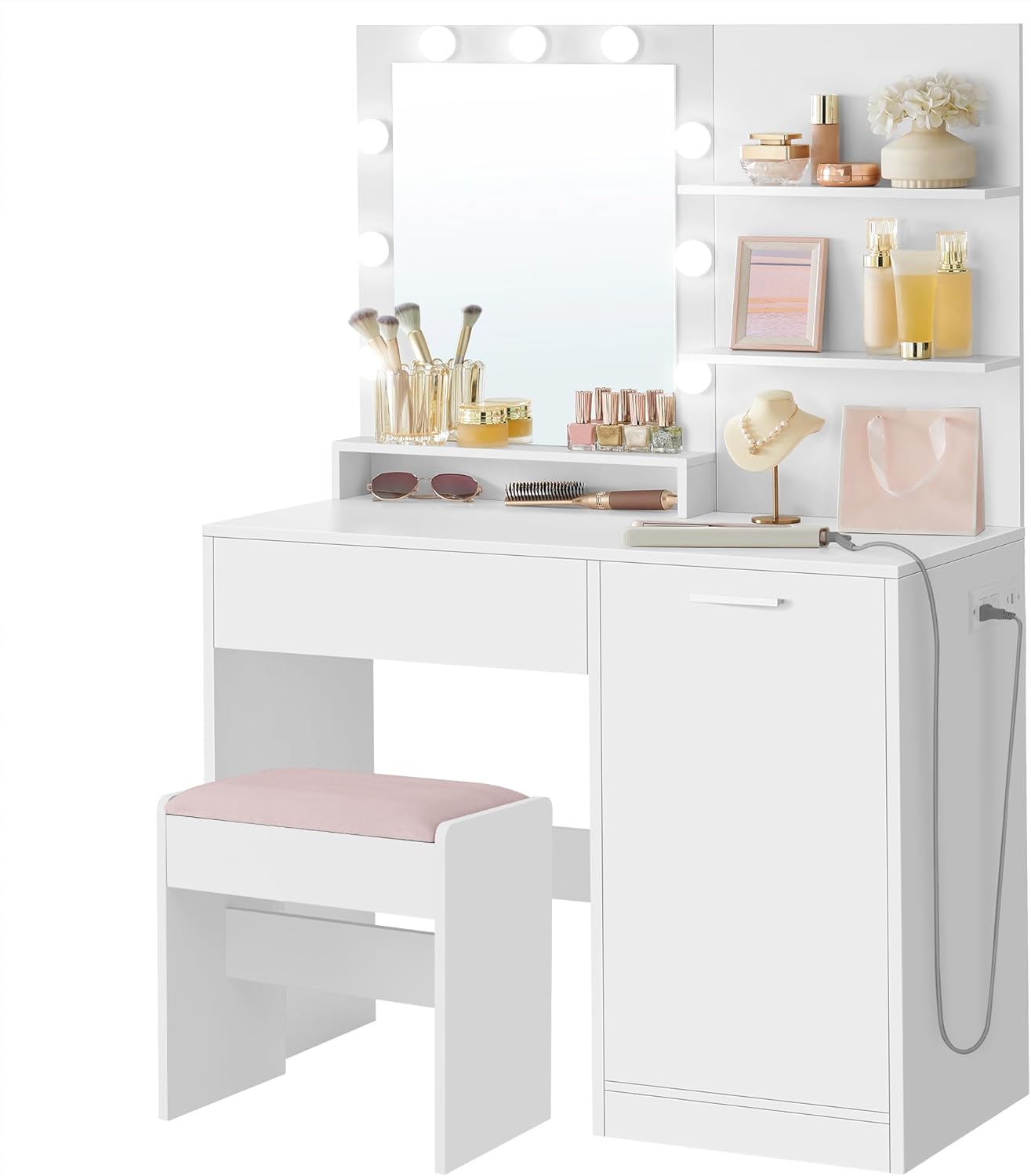 VASAGLE Vanity Desk - 35.4-Inch Makeup Vanity with Mirror, Dimmable LED Lights & Upholstered Stool | Cloud White