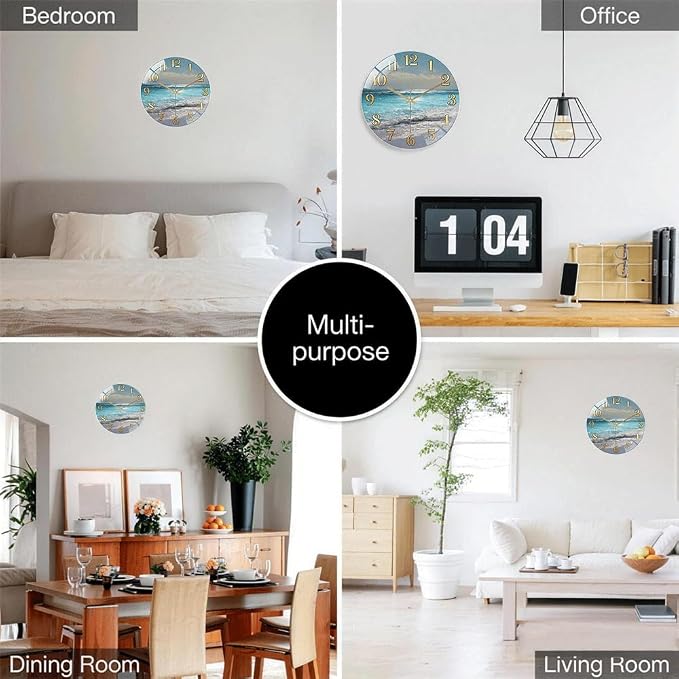 16 Inch Ocean Beach Glass Wall Clock Silent Coastal Art Decor | Silent glossy wall clock featuring a stunning ocean beach scene, perfect for adding a coastal vibe to living room or bedroom