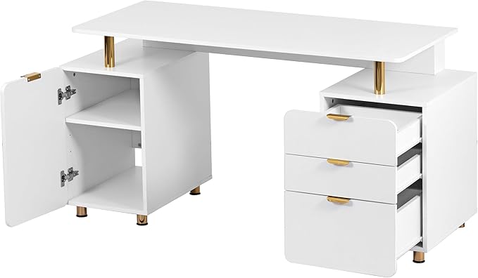 Elegant 56.75" W Executive Desk with 3 Drawers and Storage Cabinet, Modern Office Desk with Gold Accents, Floating Work Surface, Closed Storage with Ventilation & Adjustable Shelf (White,Gold)