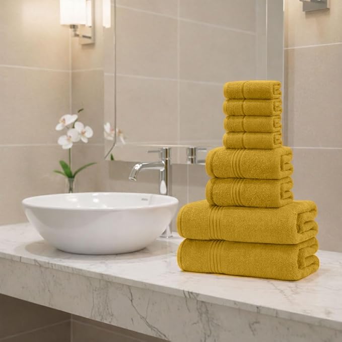 8 Piece Bath Towels for Bathroom - 100% Cotton, Soft Absorbent Bathroom Towels Set - 2 Extra Large Bath Towels, 2 Hand Towels & 4 Washcloths - Hotel Spa Thick Plush Towel, Mustard