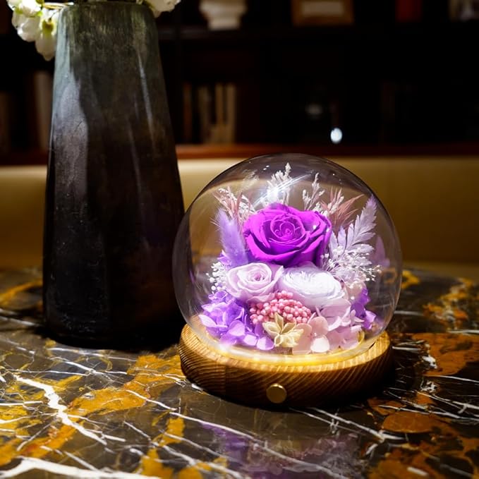 Preserved Real Rose Flowers in Glass Dome with LED Lights,Real Rose Flowers Unique Floral Gift for Girlfriend Mom Wife Girlfriend on Christmas Birthday Anniversary (Aurora Purple)