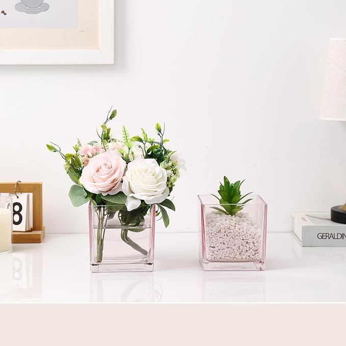 Square Pink Glass Vases Set of 6, 5" x 5" x 5" Flower Vases for Centerpieces, Square Vase for Centerpieces, Small Vase for Wedding, Party, Home Office Decoration