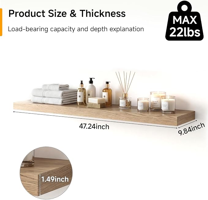 47in Floating Shelves for Wall, Wall Mounted Shelves for Decor Storage Set of 2, Floating Shelf for Bedroom, Bathroom, Living Room and Kitchen（Gray Oak）