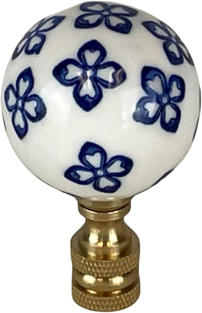 Royal Designs, Inc. White Porcelain Ball with Blue Ornament Design Finial for Lamp Shade, Polished Brass