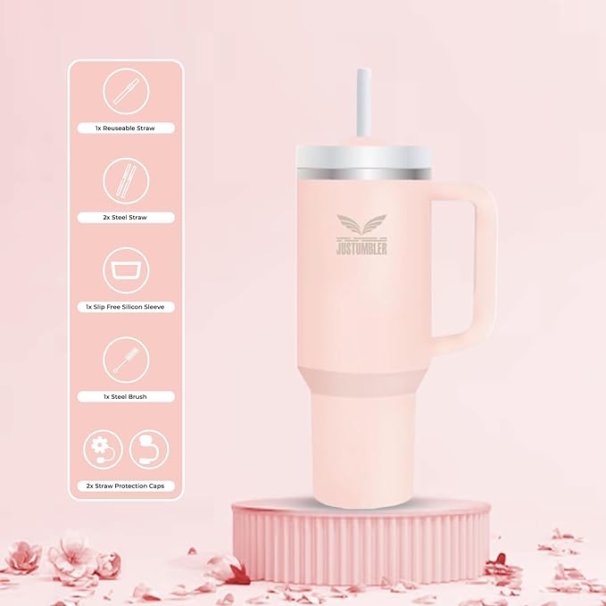 40 Oz Insulated Tumbler with Handle and Straw, Stainless Steel Coffee Travel Mug with Lid, Leak Proof Water Bottle with Accessories, Cream