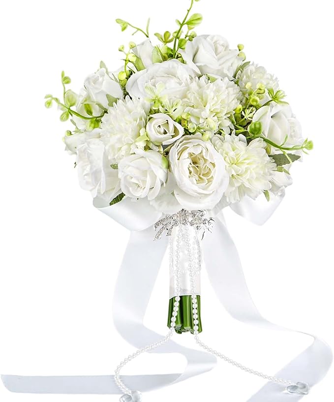 8.6 Inch Wedding Bouquets for Bride Bridesmaid, Ivory White Green Bouquet with Pearl Chains Artificial Fake Silk Roses Flowers for Wedding Boho Rustic Church Decoration Toss Bouquet