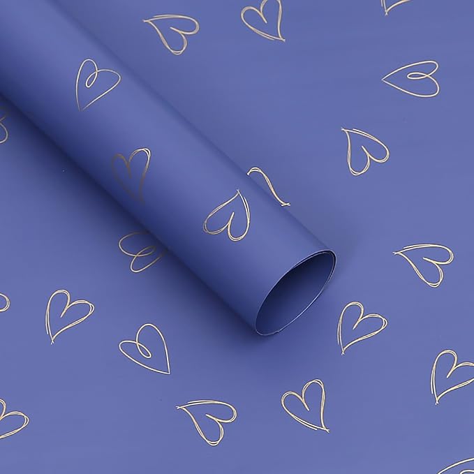 MLSG 20 Sheet Solid Color Heart Wrapping Paper - Waterproof Floral Bouquet Wrapping Paper, Florist Supplies Packaging Paper for Wedding Birthday Gift Wrap Paper (Blue Gold)