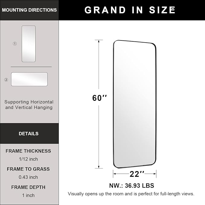 ANDY STAR 22" x 60" Full Length Wall Mirror, Large Black Mirror for Bathroom, Rounded Corner Rectangle Body Mirror for Floor and Leaning
