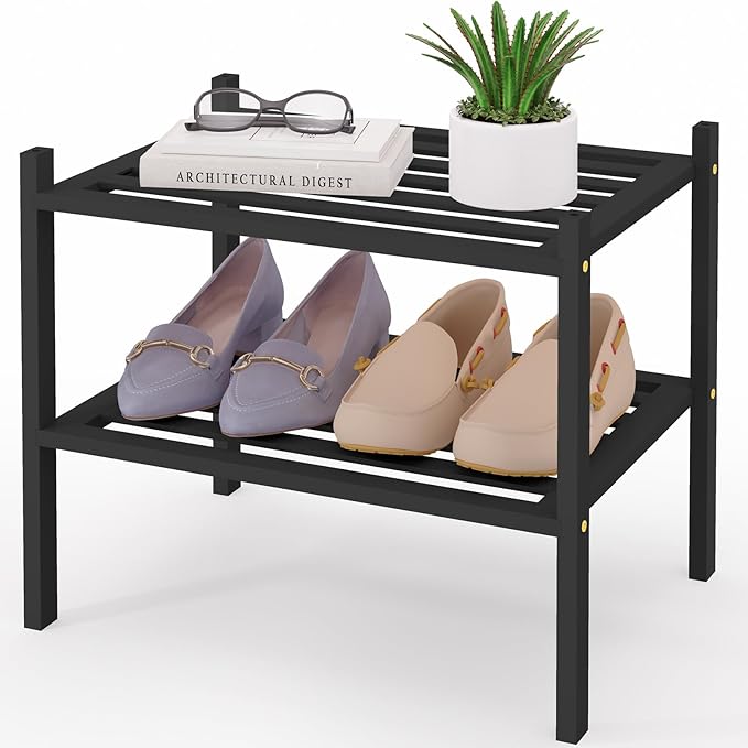 Smiry Small Bamboo Shoe Rack 2-Tier, Stackable Wooden Shoe Organizer for Entryway & Closet, Free Standing Wood Shoe Storage Shelf for Front Door & Small Spaces, Black