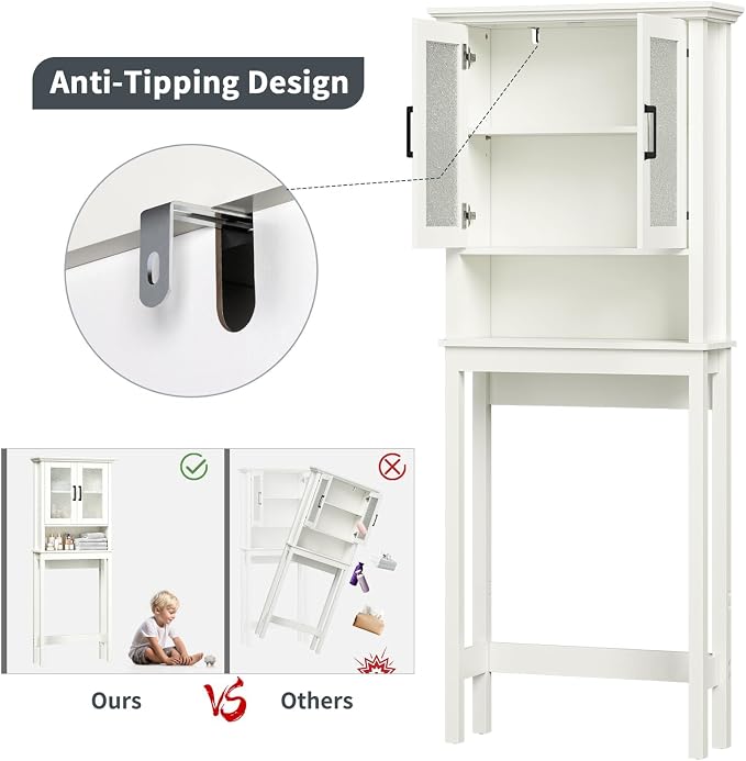 Over The Toilet Storage Cabinet, Over Toilet Bathroom Organizer with Doors and Adjustable Shelf, Thicken Frame Above Toilet Storage Cabinet Behind Toilet Bathroom Organizer, Cream White