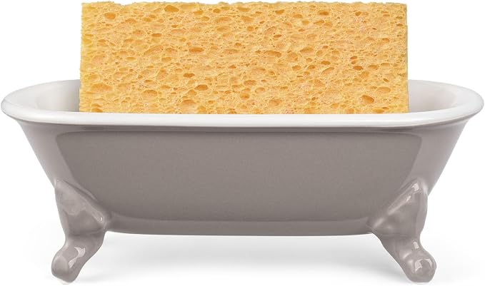 6.5" Ceramic Mini Decorative Clawfoot Bathtub Bar Soap Dish, Kitchen Sponge Holder and Shower Tray for Bathroom, 1 Pack(Taupe)