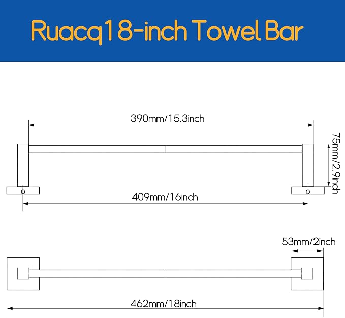 RUACQ Towel Bar 16 inch, Towel Racks for Bathroom Wall Mounted, SUS304 Stainless Steel Towel Holder, Hand Towel Holder Organizer, Matte Black Single Bar, Total Length 18 inch
