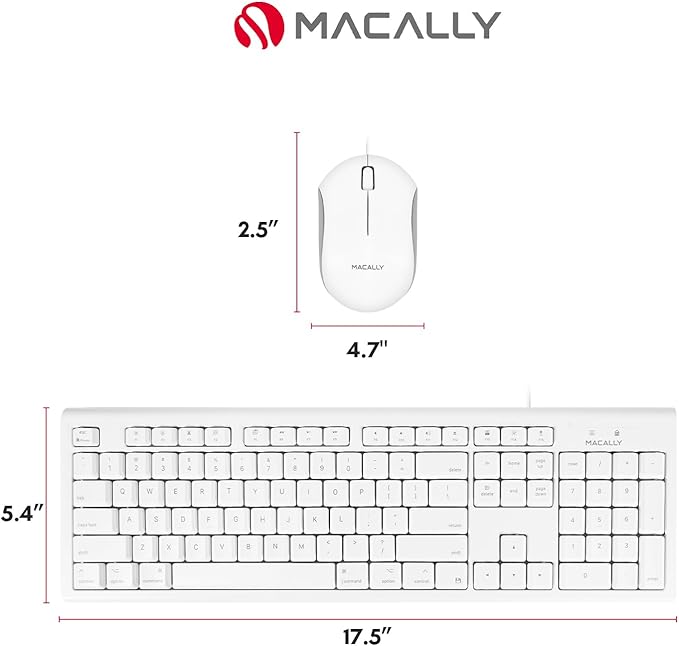 Macally Full Size USB Wired Mac Keyboard and Mouse Combo - Compatible Ergonomic Apple Keyboard and Mouse with Shortcuts and Number Keypad for Mac mini Pro, iMac Computer, MacBook Pro Air Laptops