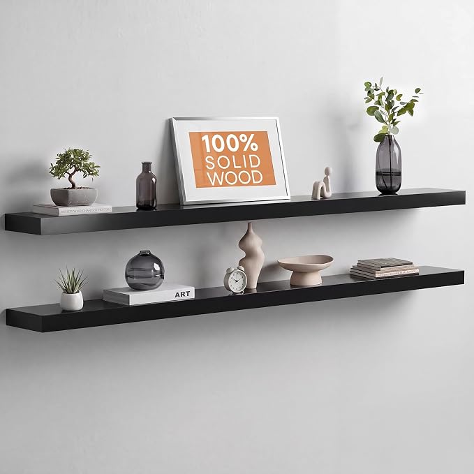 Homeforia Floating Black Shelf 60 inch, High End Solid Real Wood 60 inches Long Floating Shelves for Wall, Black Wooden 60inch Large Floating Shelves, Heavy Duty Bracket, 60 X 6.5 X 1.75 in, Set of 2