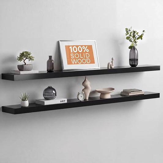 Homeforia Floating Black Shelf 60 inch, High End Solid Real Wood 60 inches Long Floating Shelves for Wall, Black Wooden 60inch Large Floating Shelves, Heavy Duty Bracket, 60 X 6.5 X 1.75 in, Set of 2