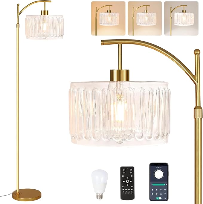 QIYIZM Glass Floor Lamp for Living Room,Bedroom,Gold Dimmable Standing Lamp with Remote,Brass White Tall Lamp Boho Mid Century Modern Floor Lamps Arc Floor Light Lamp Girls Kids Bohemian