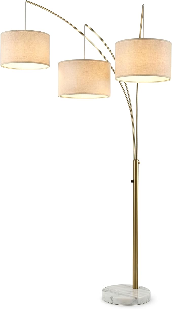 Brightech Trilage Arc Floor Lamp - Large Standing Lamp with 3 Fabric Shades & LED Bulbs for Living Room Over the Sofa, Reading, Multi-Head Traditional Tree Floor Lamp for Bedroom - Brass
