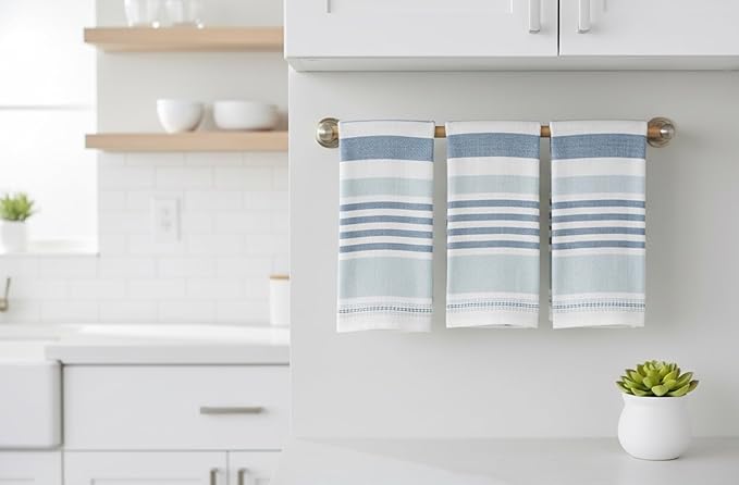 Serafina Home Blue White Kitchen Hand Dish Towels: Oversized 28" x 16",100% Cotton Cloth Soft Cleaning Drying Absorbent Striped Design, Set of 3 Multipurpose for Everyday Use (Blue Monica)