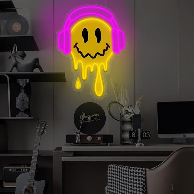 Melting Smile Face With Headphone Neon Sign for Wall Decor Neon Smile Light Signs for Kids Room Bar Party Bedroom Decor Lamp Personalized Gifts Kids Room, Wedding Decoration, Holiday Gift-Pink
