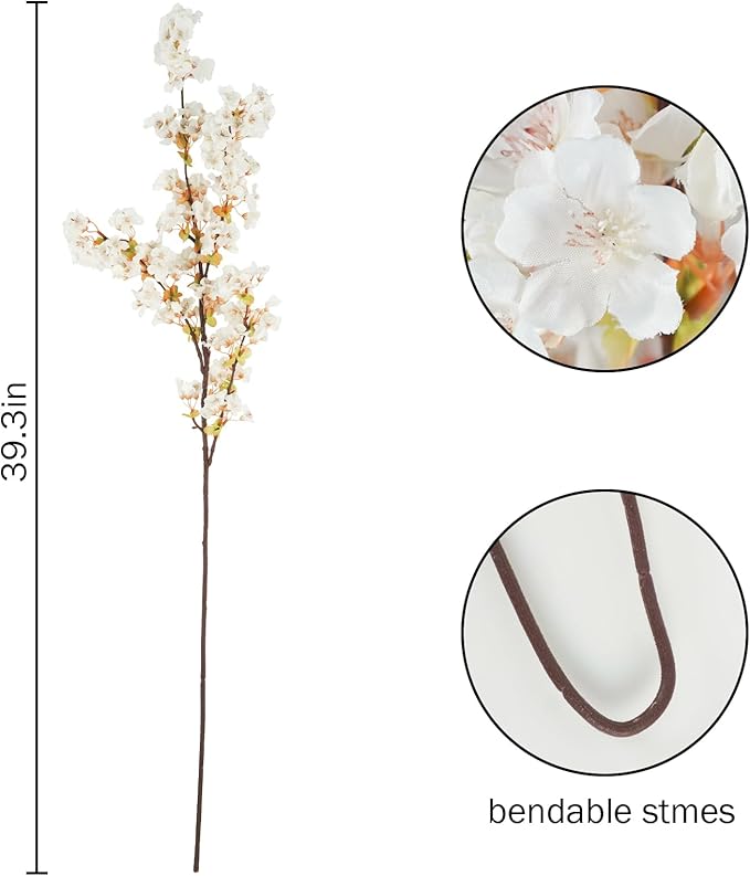 12 Pcs Artificial Cherry Blossom Flowers 40" Faux Silk Cherry Blossom Stems Fake Real Touch Peach Branches for Wedding Home Garden Japanese Decor Ivory White