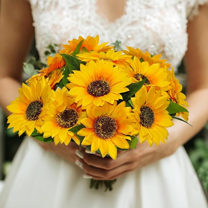 Joyerace12PCS Artificial Sunflower Flowers, Single Stem Silk Fake Sunflowers for Outdoor Wedding Birthday Party Home Decor- NO VASE