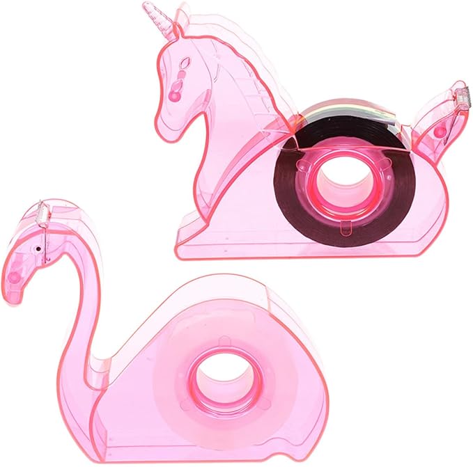 VILLCASE 2 Sets Cute Animal Tape Dispenser with Cutter Portable Desk Tape Holder for Office School Home Use Pink Mythical Horse and Flamingo Design Practical Stationery