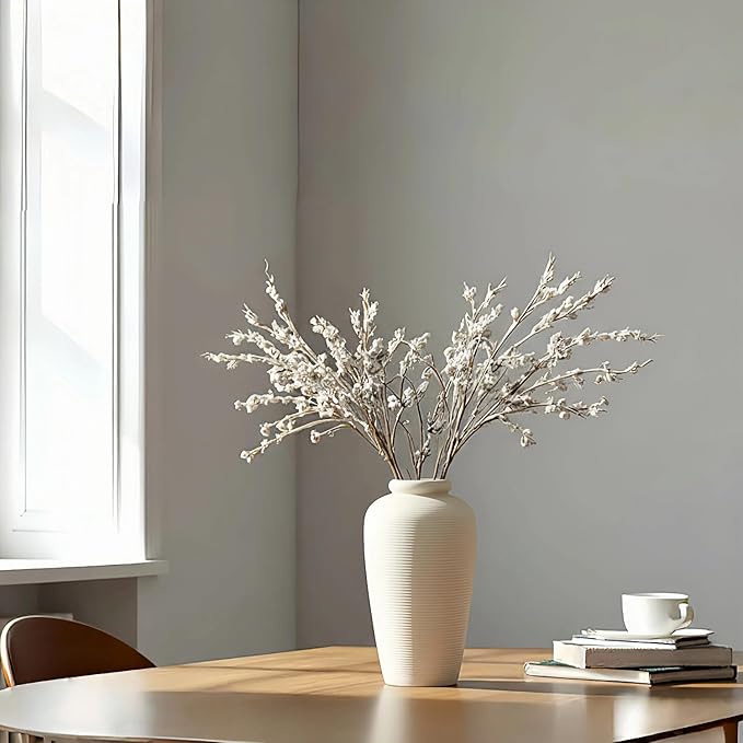 Large Ceramic Vase, 11 inch Minimalist Vase for Home Decor, Handmade Farmhouse Flower Vase for Table Centerpiece, Wedding, Living Room, Kitchen Decoration, Shelf Decor (Rice White)