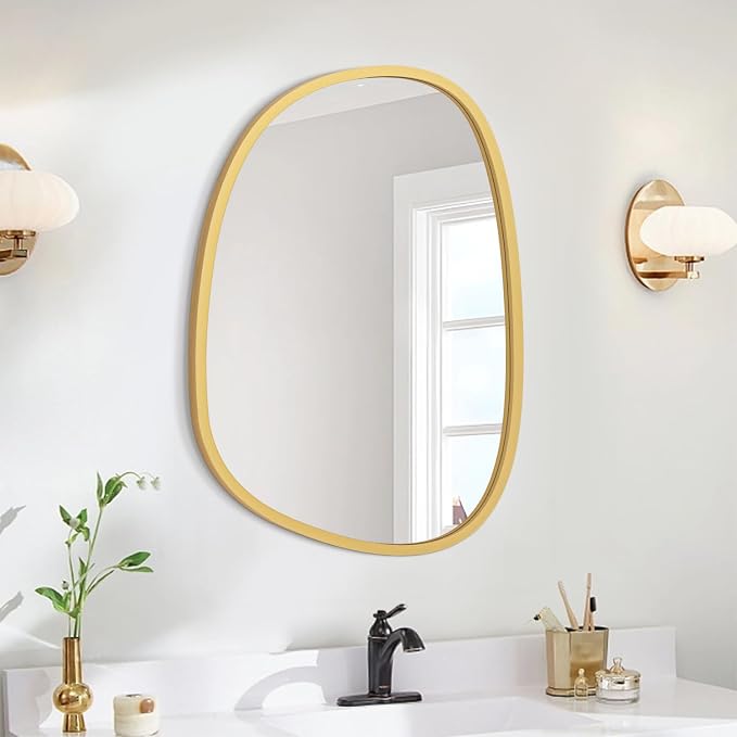 Gold Irregular Hanging Wall Mirror Wooden Framed Modern Asymmetrical Mirrors for Wall Artistic Decorative Mirror Wall Decor Mirror for Bedroom Bathroom Living Room Large 20"x16"