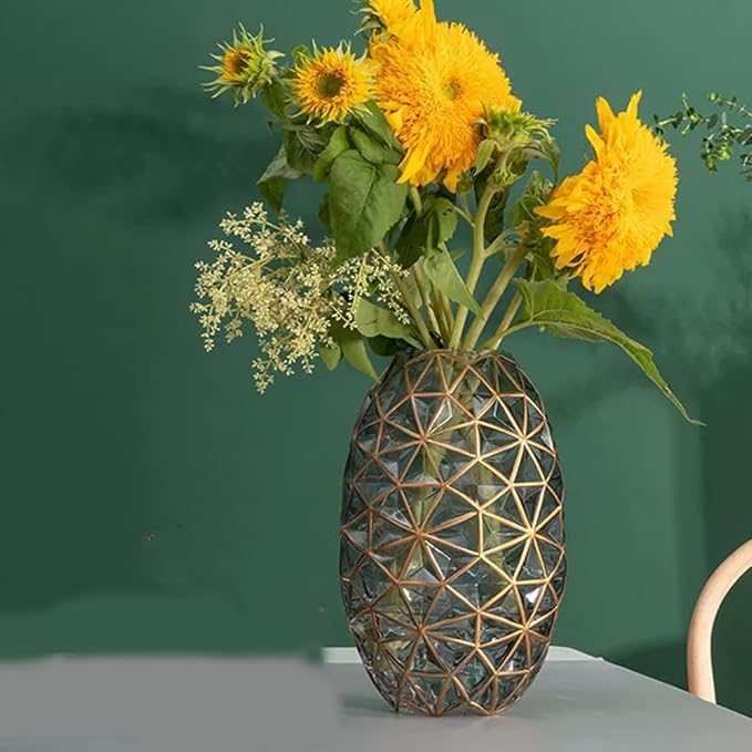 Hand Painted Gold and Grey Diamond Shaped Glass Crystal Vase 13.6 inch Tall,Modern Large Glass Home Office Decor for Living Room Dining Table Centerpieces, Birthday and Wedding
