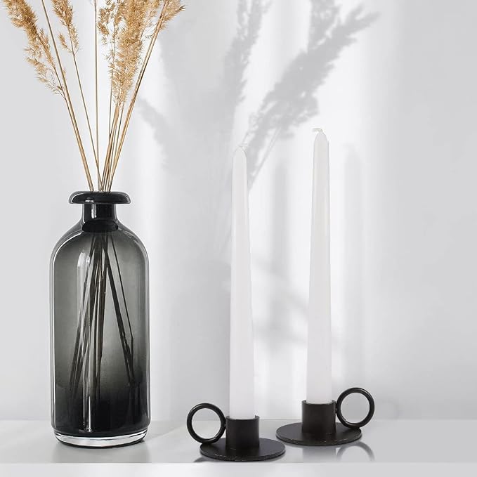 4PCS Black Taper Candle Holders with Round Handle, Matte Iron Candlestick Holders Centerpieces for Home Decoration, Wedding Anniversary, Party, Housewarming Gifts.