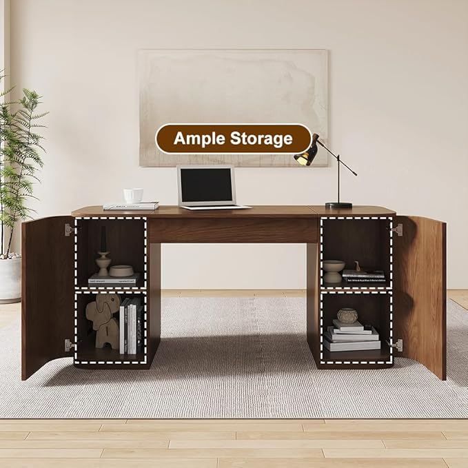 homary 59.8" Modern Standing Desk, Home Office Desk Engineered Wood Office Desk with Lift-Top & Ample Storage for Office, Study, Walnut
