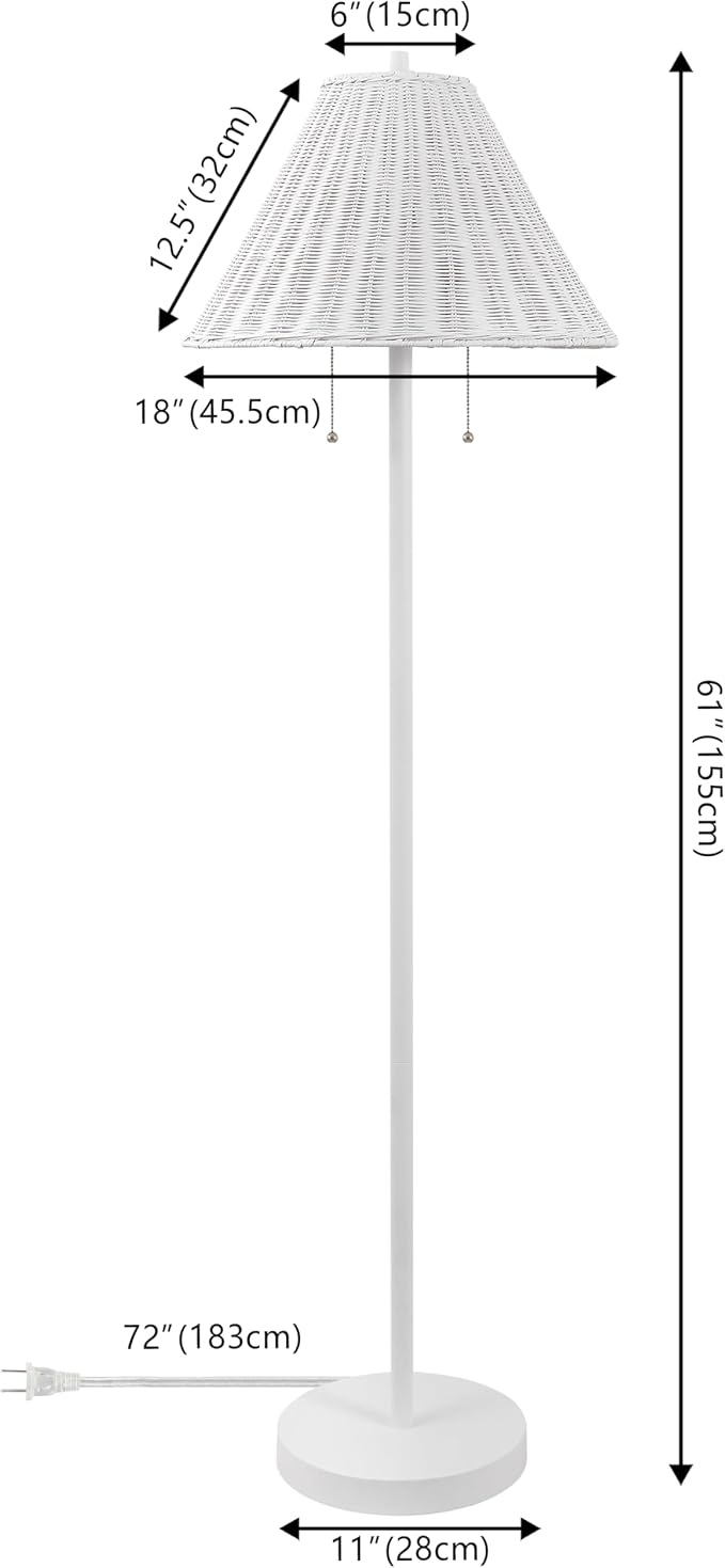 JONATHAN Y 61" White 2-Light Coastal Bohemian LED Floor Lamp for Living Room, Brown Rattan Shade, Mid-Century Modern Tall Standing Lamp, Pull-Chain, LED Bulbs Included (JYL3092B)