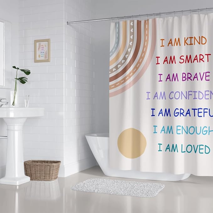 Boho Rainbow Quotes Shower Curtain Colorful Inspirational Positive Kids Teen Girls Abstract Moon Sun Fabric Home Bathroom Decor Waterproof Fabric 72Lx72W Inch with Plastic 12PCS Hooks