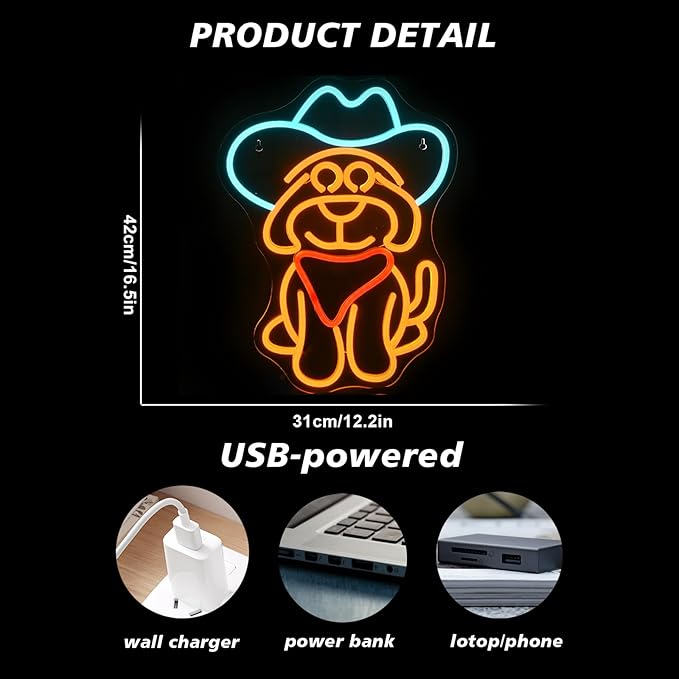 Cowboy Dog Neon Sign for Wall Decor Dog with Cowboy Hat Led Light Sign for Pet Shop,Bedroom,Wall,Home,Western Party Decor Gift for Children Lover Dimmable Animal Neon Signs